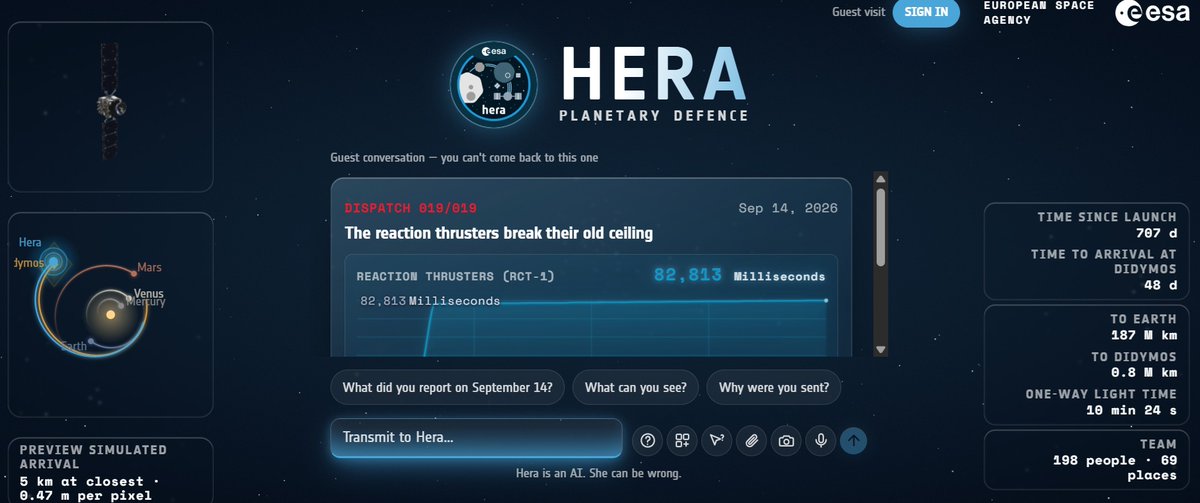 ESA_Hera's tweet photo. Any questions? You can ask our Hera Space Companion right now - our AI fed with approved operational, scientific and technical knowledge, making ESA’s first planetary defence mission accessible to everyone! https://t.co/KpoYIU1AvT https://t.co/nxHZvaPsR1