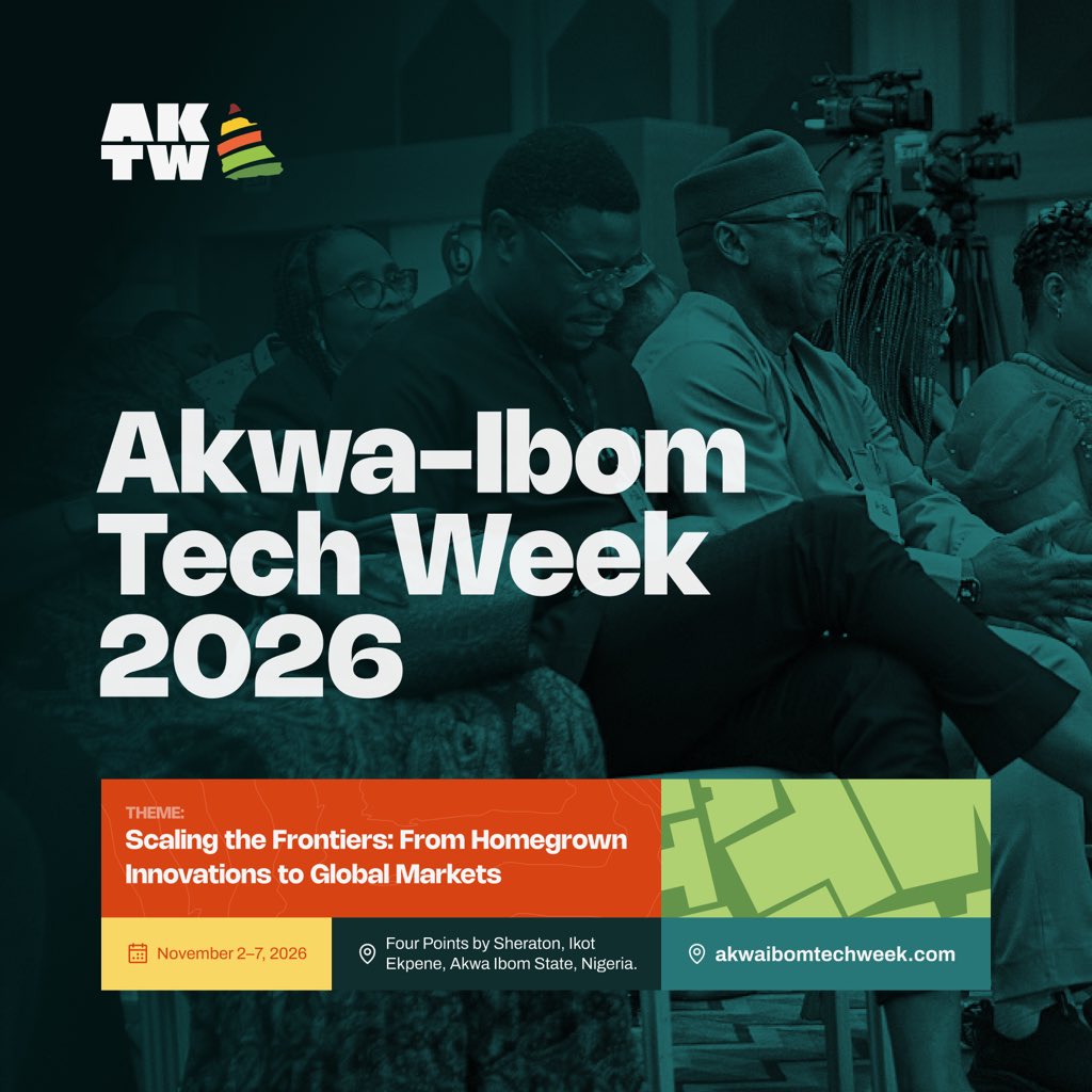IbomTechWeek's tweet photo. The theme says it all!

This year we are taking the ideas, talent, businesses and innovations being built here further, into bigger markets and greater opportunities.

November 2–7, 2026.

Are you ready?

#AKTW2026 #AkwaIbomTechWeek https://t.co/tx7WhU8c6W