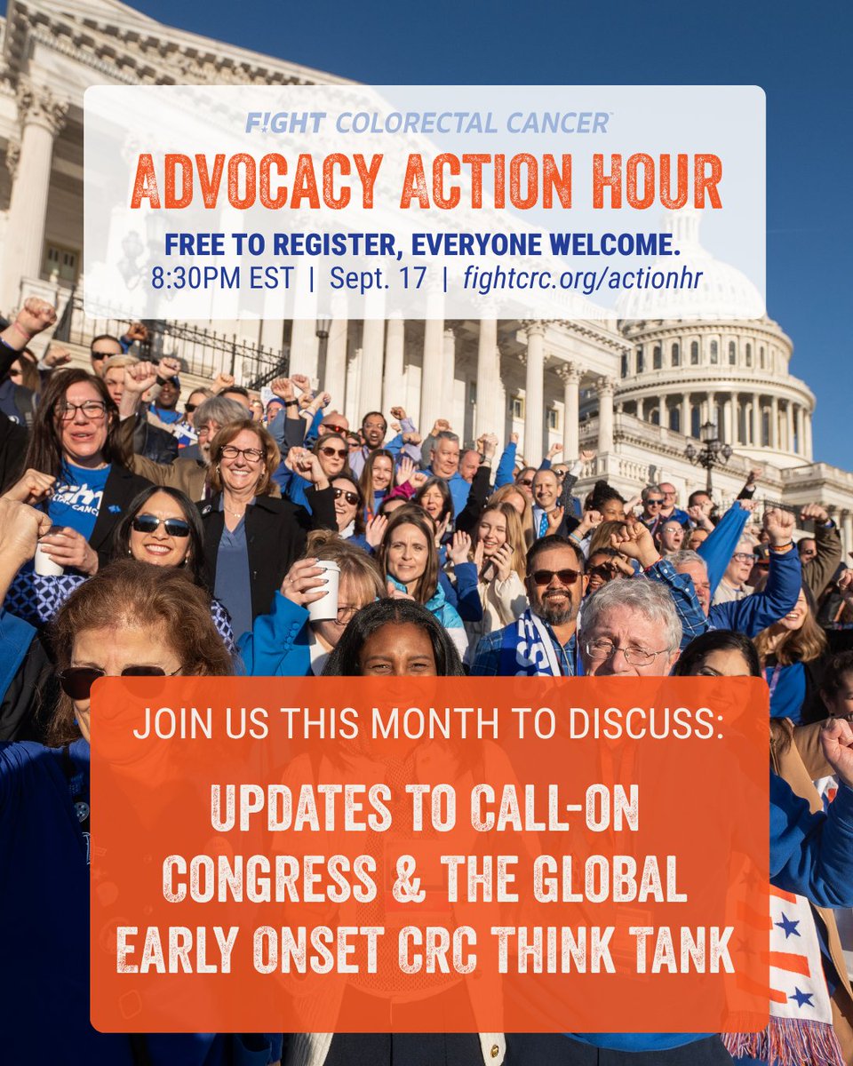 FightCRC's tweet photo. What's ahead for Call-on Congress, &amp; how does the Global Early-Onset CRC Think Tank fit in? Join fellow CRC advocates at our next Advocacy Action Hour August 17, 8PM ET to connect, learn, &amp; find your place in the work ahead. You won't want to miss this! https://t.co/ATsr5hdFRo https://t.co/32j86Mi79a