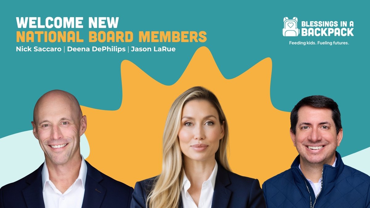 BlessinBackpack's tweet photo. We’re thrilled to welcome three new leaders to the Blessings in a Backpack National Board of Directors! 🎒 Nick Saccaro @QuestFoodMgt Deena DePhilips @redrobinburgers &amp; Jason LaRue @KPMG_US Read more about how they’re supporting the Blessings mission ➡️ https://t.co/vBfg130Nqi https://t.co/3TWG9VrSlA