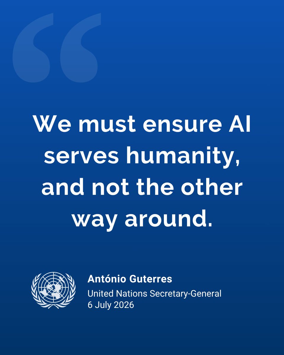 UN's tweet photo. “We may be the last generation able to set the terms on which humanity and machines coexist.”

As Artificial Intelligence advances at an extraordinary pace, @antonioguterres has repeatedly stressed it must serve humanity and not the other way around.

https://t.co/DU61dQS3rL https://t.co/hiGwQtYkrZ