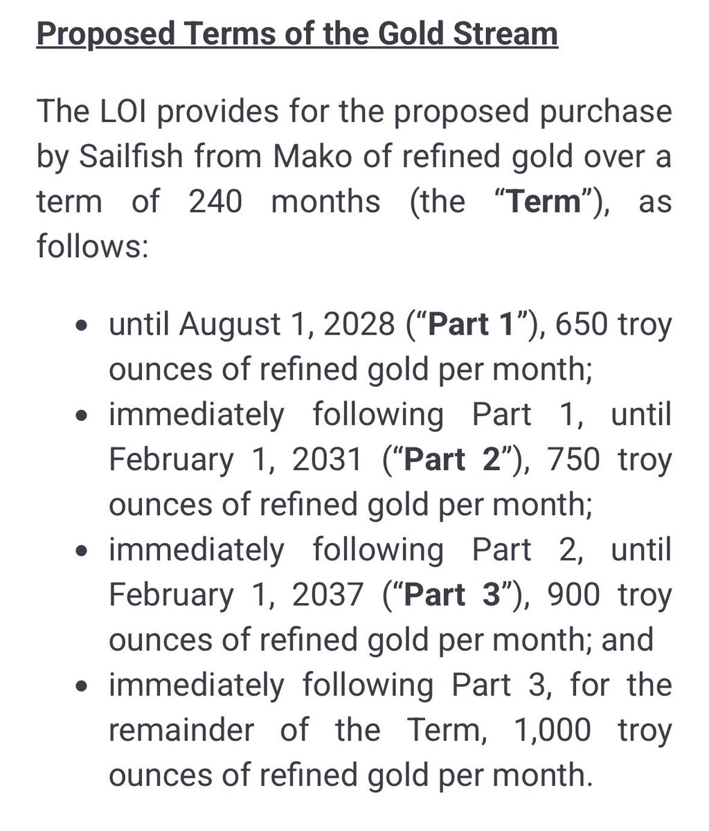 AkibaLeisman's tweet photo. $MAKO $mko.v

Mako will be getting 70m shares of Sailfish, approximately 49%. 

Sailfish will get this 20 year gold loan below and change its dividend policy — for every 18k shares you get 1oz Au per year.  At today’s price that’s about US 0.24/sh.  At 18000 gold that’s US$1/sh!! https://t.co/7hJGDlFFX3