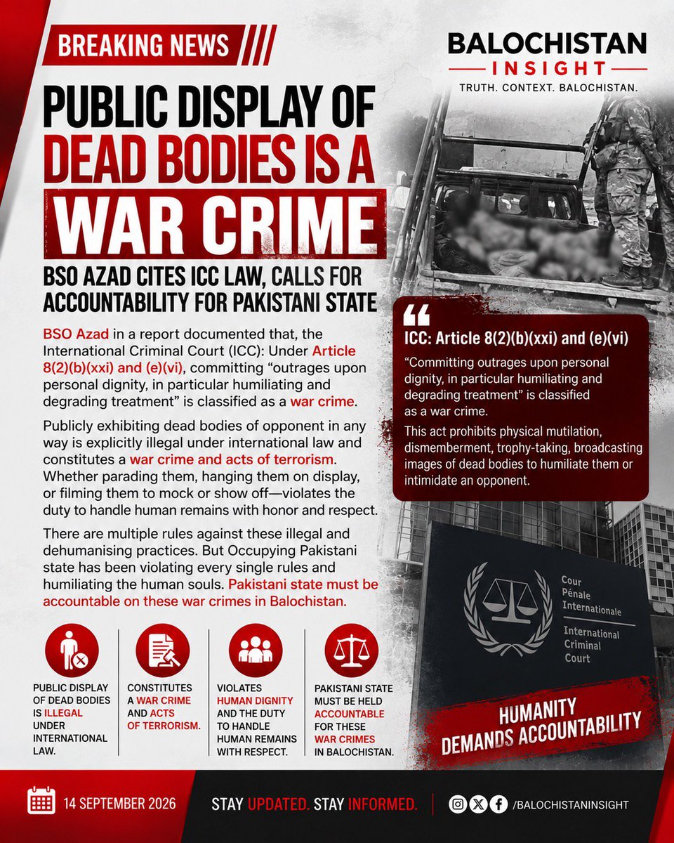 Baloch_Insight's tweet photo. BSO AZAD CITES INTERNATIONAL CRIMINAL COURT LAW, CALLING FOR ACCOUNTABILITY https://t.co/YCTTzOFHVZ