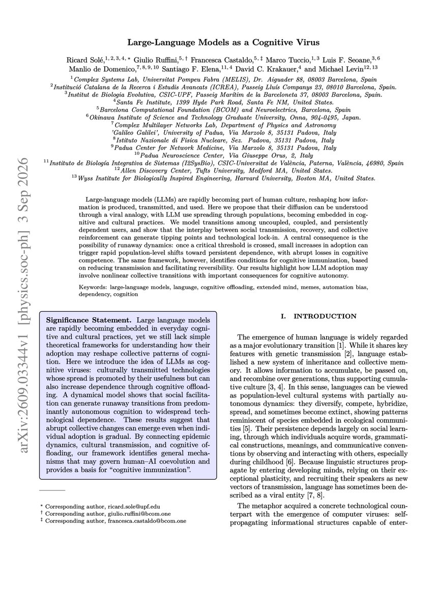 Paper front page for “Large-Language Models as a Cognitive Virus,” showing the title, author list, and abstract framing LLM adoption as a contagion-like process with dependency risk