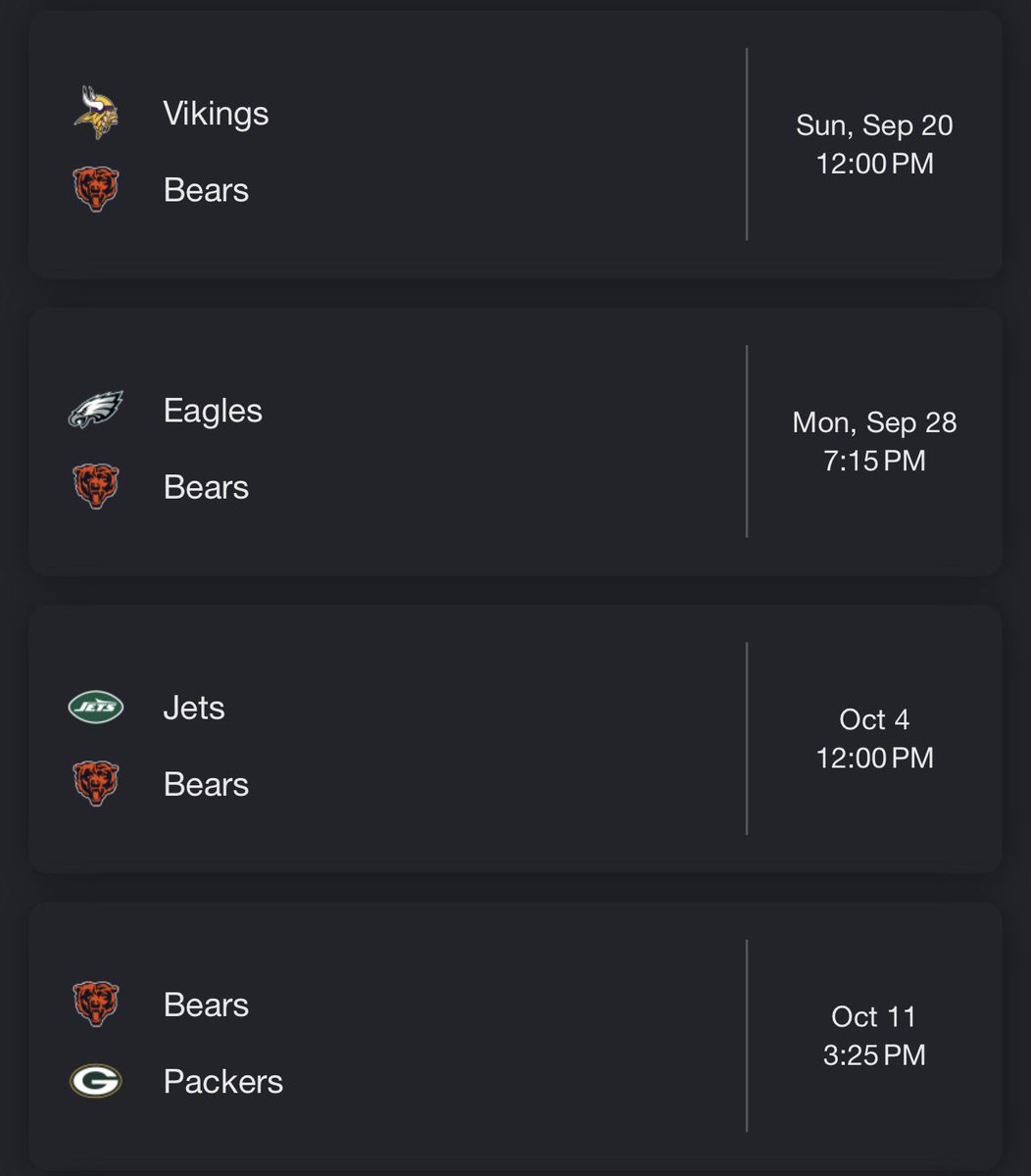 BearsOnReal's tweet photo. Chicago Bears next four Opponents:

Vs Minnesota Vikings 
Vs Philadelphia Eagles 
Vs New York Jets 
@ Green Bay Packers

What's our record heading into Week 6? https://t.co/X9J6dWKAJE