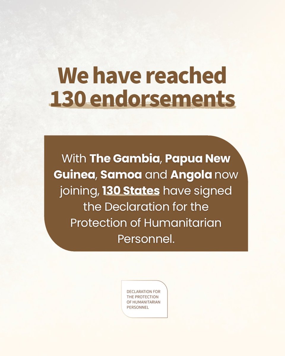 GOF_PHP's tweet photo. Protecting #HumanitarianPersonnel requires collective commitment.

As we approach one year since the Declaration for the Protection of Humanitarian Personnel was launched, that commitment now brings together 130 States, with: The Gambia 🇬🇲, Papua New Guinea 🇵🇬, Samoa 🇼🇸 and Angola 🇦🇴 the latest to join.
