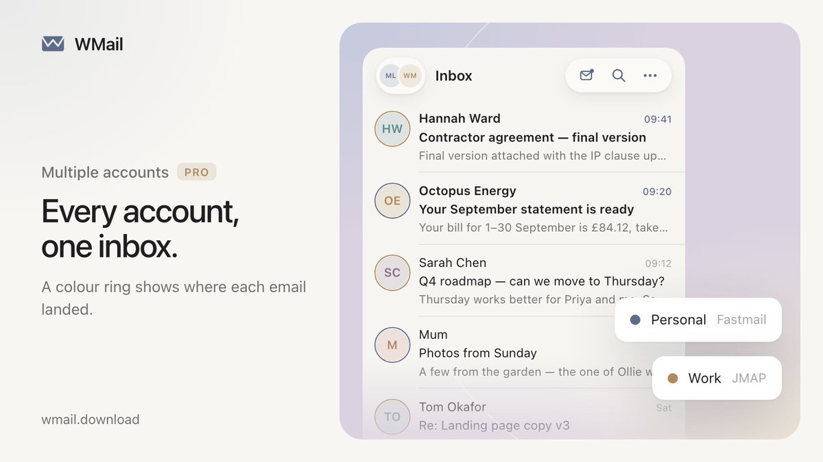 WMailApp's tweet photo. Your Fastmail accounts together as last.

Add as many Fastmail or JMAP accounts as you like and read them in one unified inbox. A colour ring shows which account each email came to, and every account keeps its own signature and aliases. https://t.co/gVVhoi3rOm