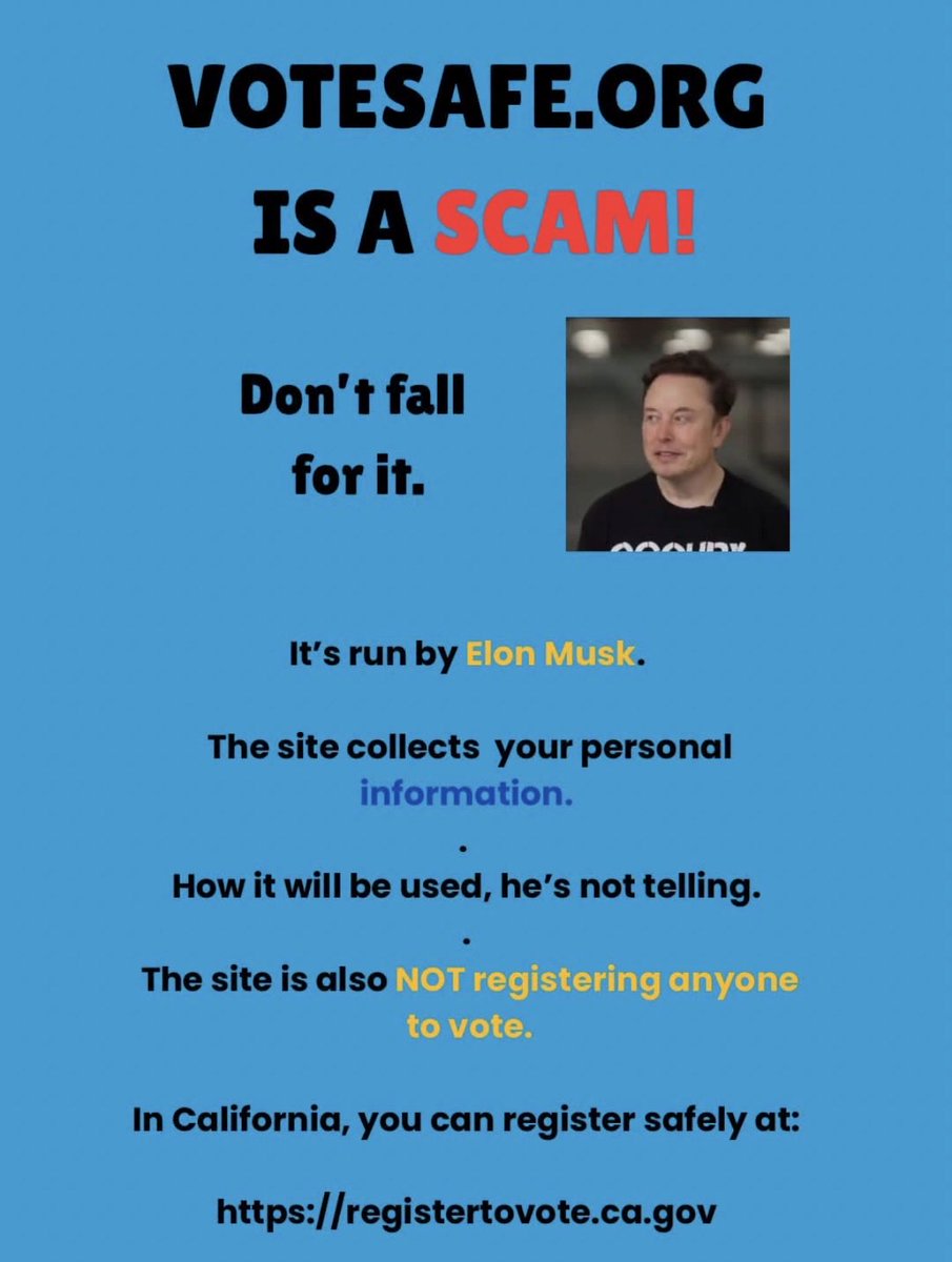 AnnieForTruth's tweet photo. ALERT: DO NOT USE the voter registration website https://t.co/wpWoEF5nBI  It was funded by Elon Musk’s America PAC and it collects and shares your personal information. 🤬 Please repost and spread the word. https://t.co/NitgEFL7aw https://t.co/O5NsT7WHbW