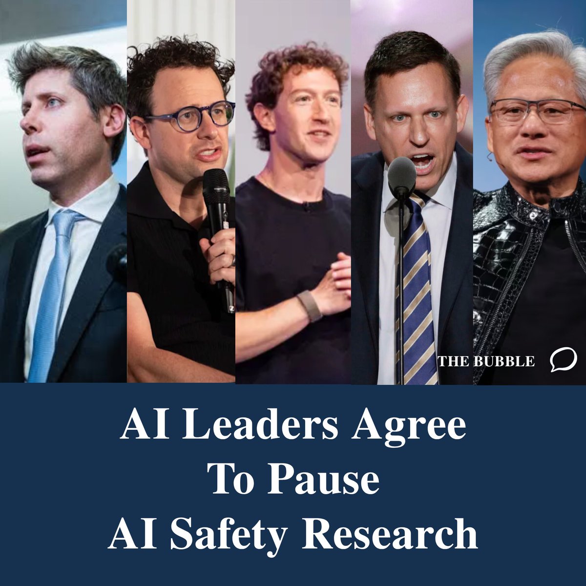 readthebubble's tweet photo. BREAKING: AI leaders agree to pause AI safety research. https://t.co/6hMVbnX3Ki
