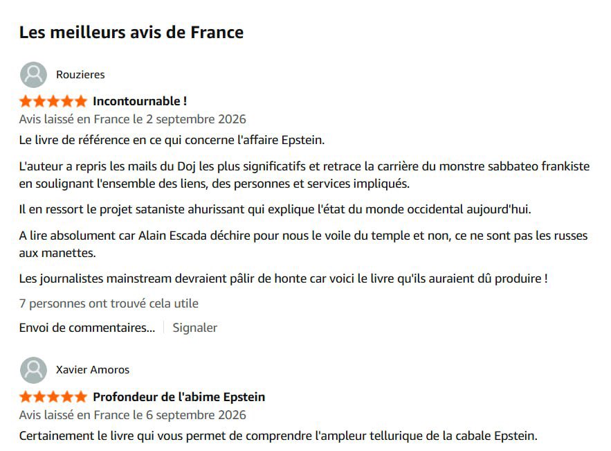 EscadaAlain_Off's tweet photo. 📚 💬 Quelques commentaires que l'on peut lire sur Amazon au sujet du livre "L'Affaire #Epstein, du Mossad à Satan" : 
https://t.co/f2cFTPc6vc https://t.co/31w9XGuLsd