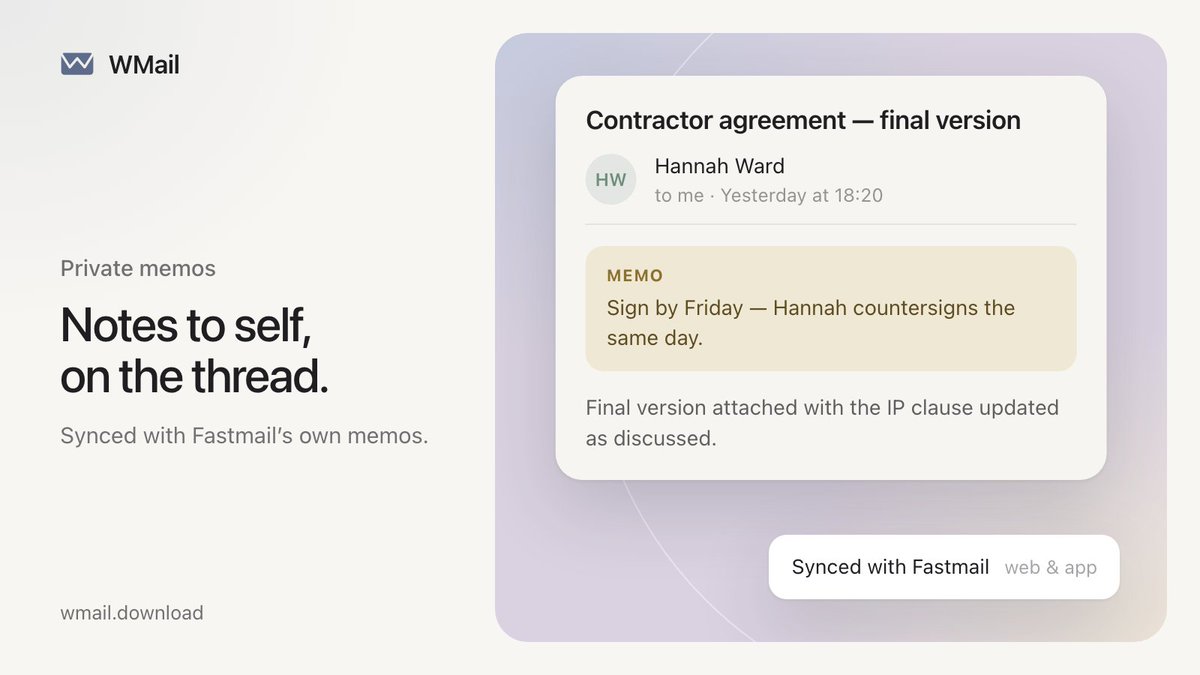 WMailApp's tweet photo. Ever opened a thread again and wondered what you were planning to do with it?

Add a private memo to a message in WMail. It’s saved as a Fastmail memo, so you’ll see it in WMail and in Fastmail on the web.

https://t.co/rQTLYZ97LG https://t.co/xAS1YpScg7