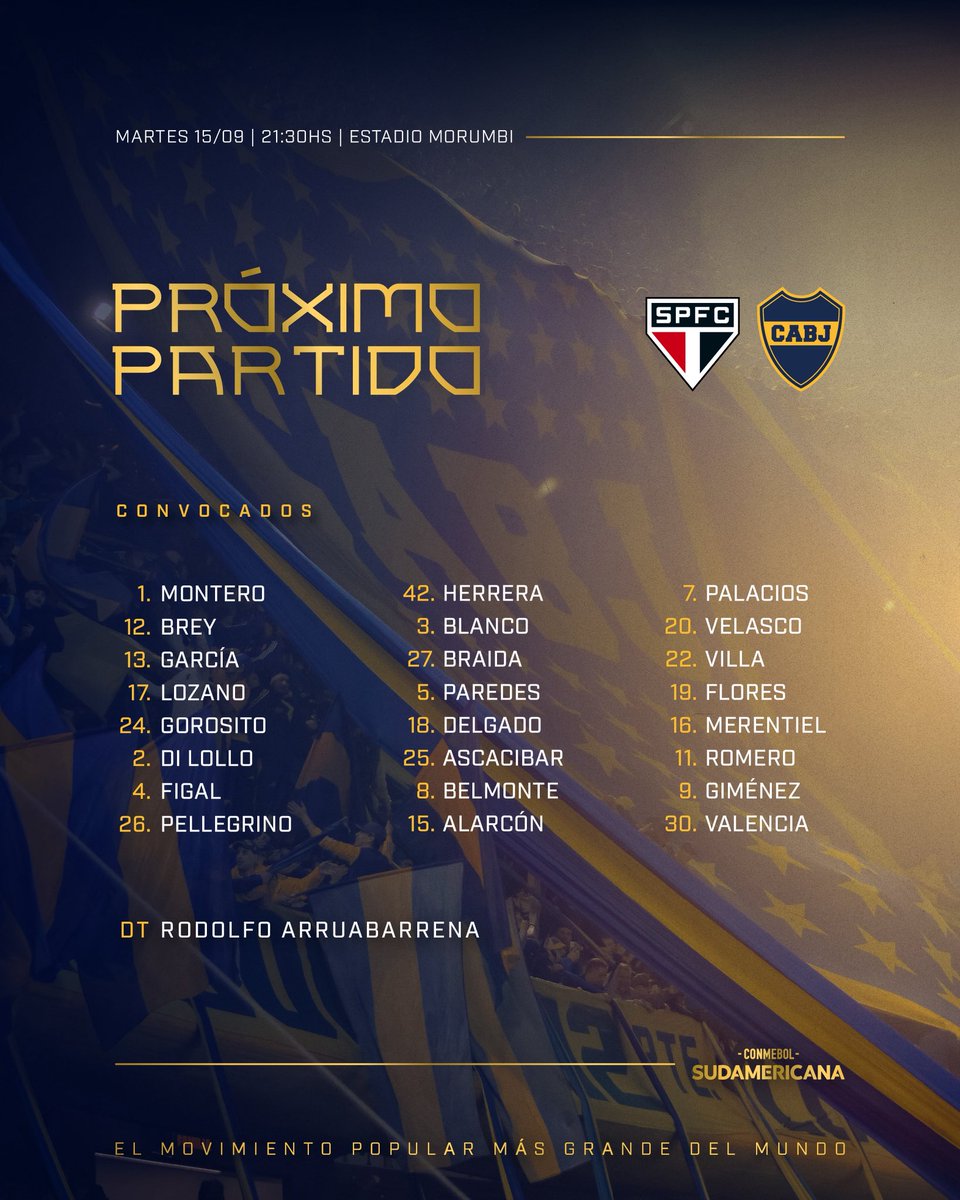 BocaJrsOficial's tweet photo. 🔜 ¡𝗣𝗥𝗢́𝗫𝗜𝗠𝗢 𝗣𝗔𝗥𝗧𝗜𝗗𝗢!

🏆 #Sudamericana
🆚 São Paulo
🗓 Martes 15/09
🕙 21:30
🏟 Estadio Morumbi 
💻 @ElCanaldeBoca 

#DaleBoca 🔵🟡🔵 https://t.co/2KpDJtudAA