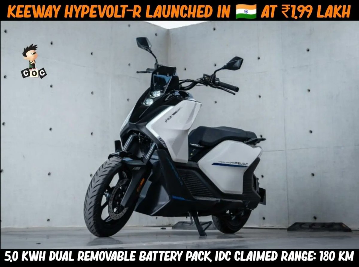araibiza's tweet photo. Keeway Hypevolt-R launches in India at ₹1. 99 lakh. It offers 180 km IDC range, 115 km/h top speed, 16 HP, dual removable batteries, ABS, traction control and advanced rider aids. Would you buy it or wait for Ultraviolette Tesseract? https://t.co/MYBjjAaPUb
