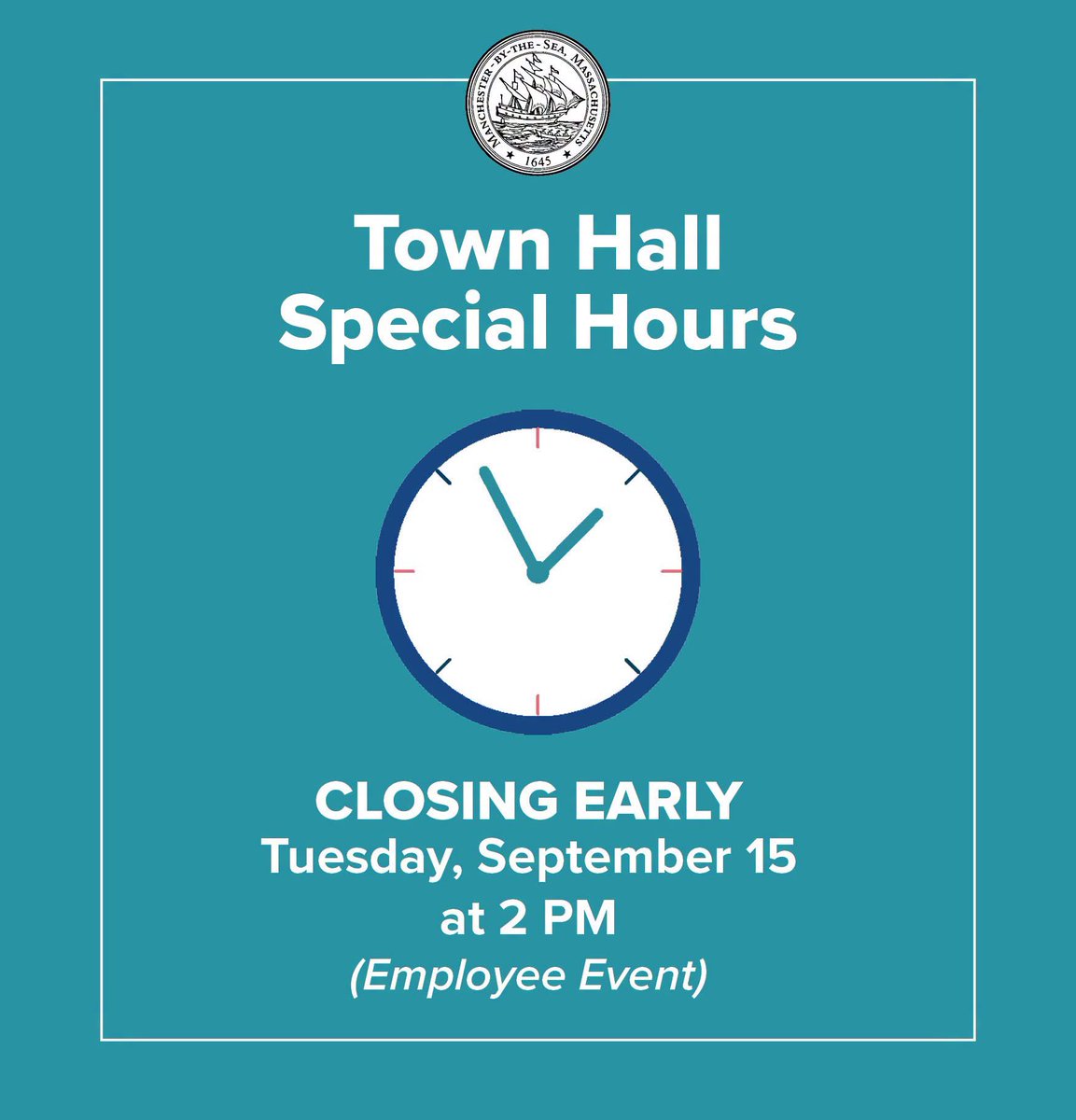 TownofMBTS's tweet photo. Town Hall will close early at 2 PM on Tuesday, September 15 for an employee event. Please plan your visit earlier in the day or when we reopen on Wednesday at 8:30 AM. 

(Evening committee and board meetings will take place as scheduled.) https://t.co/VpdDh0kNRG