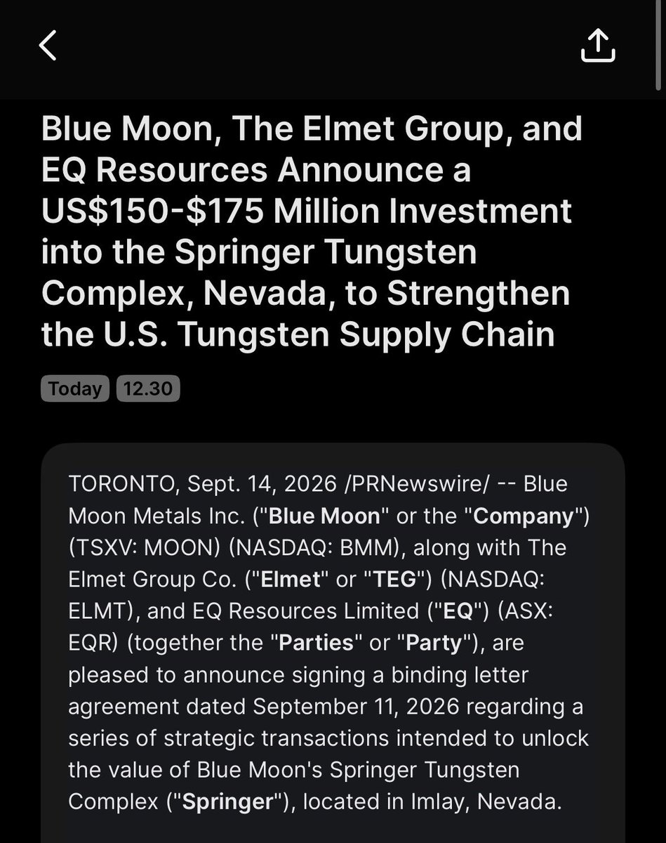 JonahLupton's tweet photo. $EQR.AX was halted last night on pending news which came out this morning... https://t.co/l1FQrMB4HM

$ELMT up 45% 
$BMM up 13%
$EQRLF up 33%

Tungsten is becoming a global bottleneck so the US Department of War is stepping up to secure supply. 

We are long $BMM and $EQR.AX https://t.co/FFScM46hcs