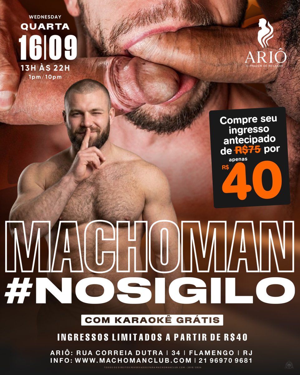 ClubMachoman's tweet photo. QUARTA-FEIRA 16/09 DAS 13 ÀS 22H
MACHOMAN #NOSIGILO
✂️ NOVIDADE: ESTA QUARTA TERÁ BARBEARIA, COM JOHN BARBER
💆♂️ SORTEIO DE QUICK MASSAGE
🎤 KARAOKÊ GRÁTIS
4 ANDARES
BAR
SAUNA SECA E A VAPOR
CHUVEIROS, TOALHA E CHINELO
CABINES, LABIRINTO, DARKROOM
QUARTOS PRIVATIVOS
ARMÁRIO https://t.co/eINOovbkYJ