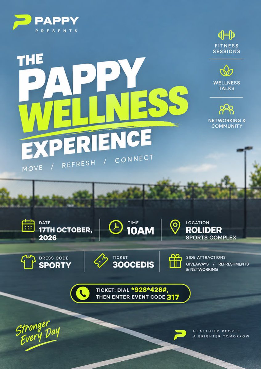 pappy_ligay's tweet photo. THE PAPPY WELLNESS EXPERIENCE 🏋️♀️
Get ready to MOVE, REFRESH & CONNECT! Join us on 17th October 2026 at 10AM at Rolider Sports Complex for a refreshing wellness experience featuring fitness sessions, wellness talks, networking, giveaways, refreshments and more!
👕 Dress Code: Sporty
🎟️ Ticket: 300Cedis
📞 Dial: 928428# and enter event code 317
Come ready to move, connect and have a great time!
Stronger Every Day. Healthier People, A Brighter Tomorrow.