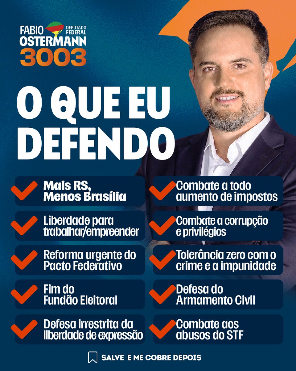 FabioOstermann's tweet photo. Sempre tive posições e compromissos claros. Sei muito bem o que me trouxe à política e o que eu defendo. Contem comigo para levar estas ideias, valores e propostas para o lugar onde eles são mais necessários: Brasília ✈️

DIA 4 DE OUTUBRO É FABIO OSTERMANN DEPUTADO FEDERAL 3️⃣0️⃣0️⃣3️⃣ 👊🏼🗽🧡🚀 #MaisRSmenosBrasília