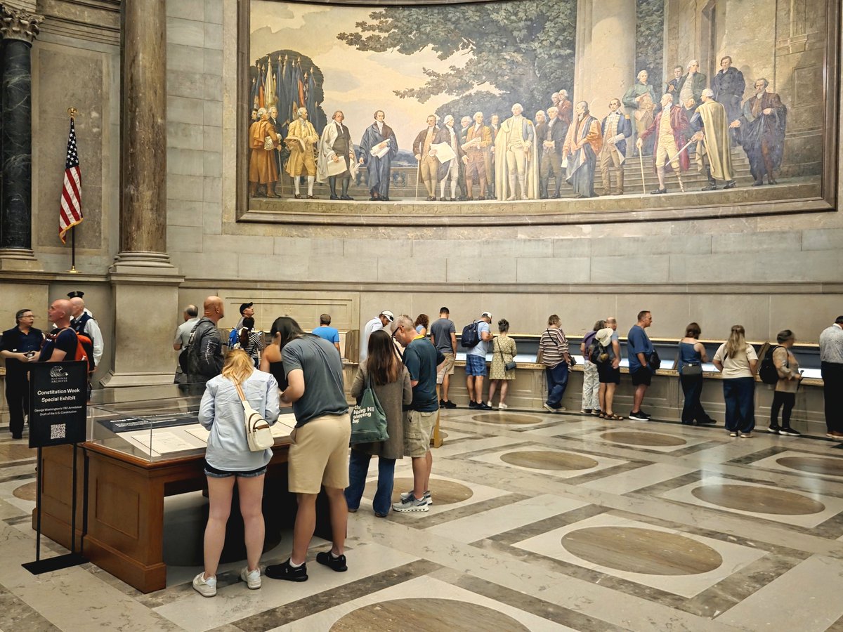 USNatArchives's tweet photo. Now on display for the first time EVER! Be one of the first to view all seven pages of George Washington's Annotated Copy of a Draft of the U.S. Constitution, now through September 27, 2026 at the National Archives Museum. https://t.co/uVAomUWriT