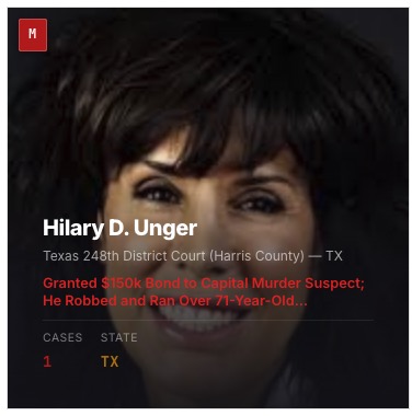 Pink_Meeces's tweet photo. JUDGE GIVES BAIL TO CAPITAL MURDER SUSPECT, HE RUNS OVER & KILLS 71-YEAR-OLD GRANDMOTHER.

Houston District Judge Hilary D. Unger allowed bail for Andrew Williams while he was awaiting trial for a 2019 capital murder.

He posted bond and walked free on an ankle monitor.
While out on that bond, he followed 71-year-old Martha Medina from a bank, snatched her purse, and ran her over with his car, crushing her to death.
