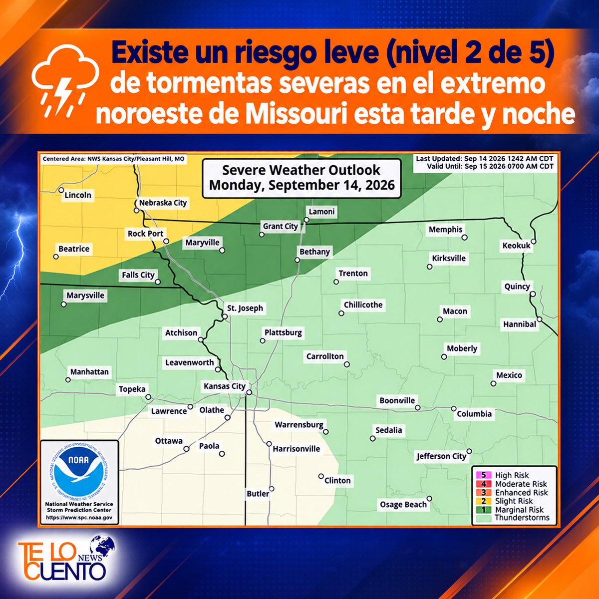 TeLoCuentoNewsK's tweet photo. ⛈️ ¡Posibles tormentas severas este lunes!

📍La amenaza de tiempo severo se localiza principalmente en el extremo noroeste de Missouri.

⚠️ Todos los peligros severos (granizo, vientos dañinos y tornados) serán posibles. Las tormentas podrían desarrollarse a media tarde. https://t.co/G2hK4P79ir