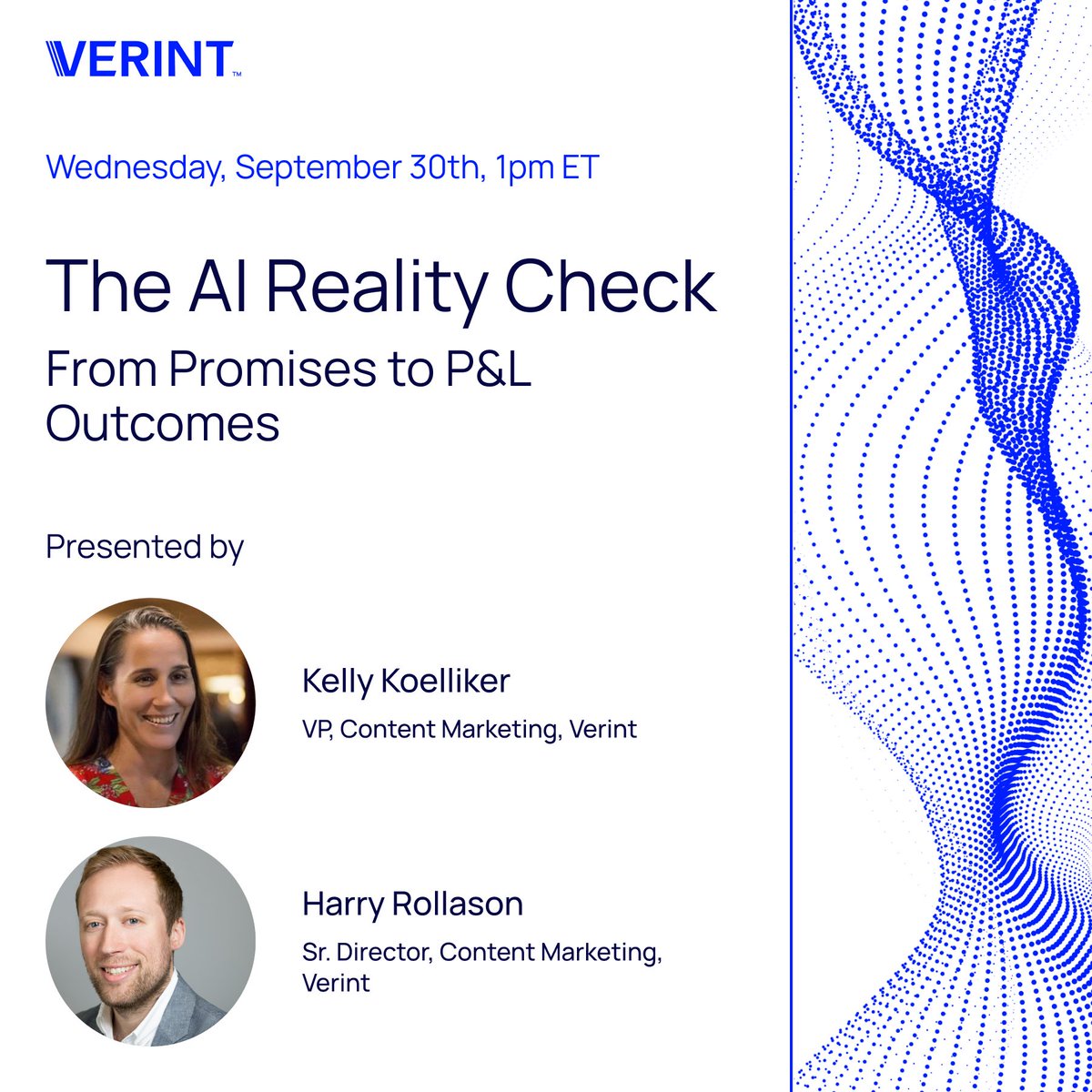 Verint's tweet photo. AI success isn't about promises. It's about results. Attend “The AI Reality Check: From Promises to P&amp;L Outcomes,” Wednesday, September 30 at 1 p.m., to learn how organizations are turning AI investments into measurable business impact and P&amp;L outcomes. https://t.co/QZ2kecoXac https://t.co/HLluHxD7dz