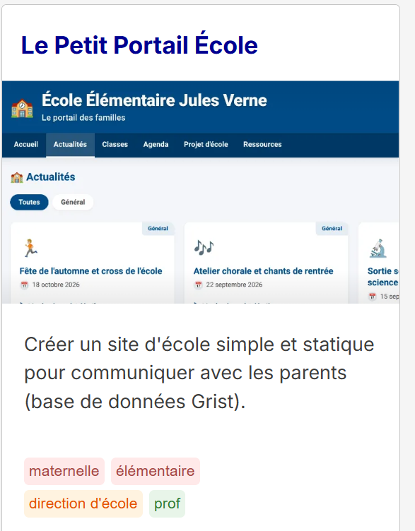 NicoleChedotal's tweet photo. 🏫 Le Petit Portail École est disponible dans la Ressourcerie de #LaForgeEdu 
🎯Cette application libre permet de créer un site d’école statique pour informer les familles.
Elle s’appuie sur La Forge et #Grist via Apps Éducation.
👉 Découvrez ici https://t.co/3VjQLDOxMv
@framaka https://t.co/uVXuD2hr5d