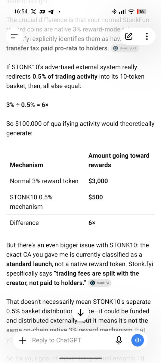 SwedishTechie's tweet photo. @PieterVReeth @Stonk10onSF Also sold because according to chatgpt we only get 0,5% of the trading fees in reward. While most other reward tokens I have gives 3% back. Good luck tho, its a cool stonkfun crypto! https://t.co/r1nh6w0Uqo