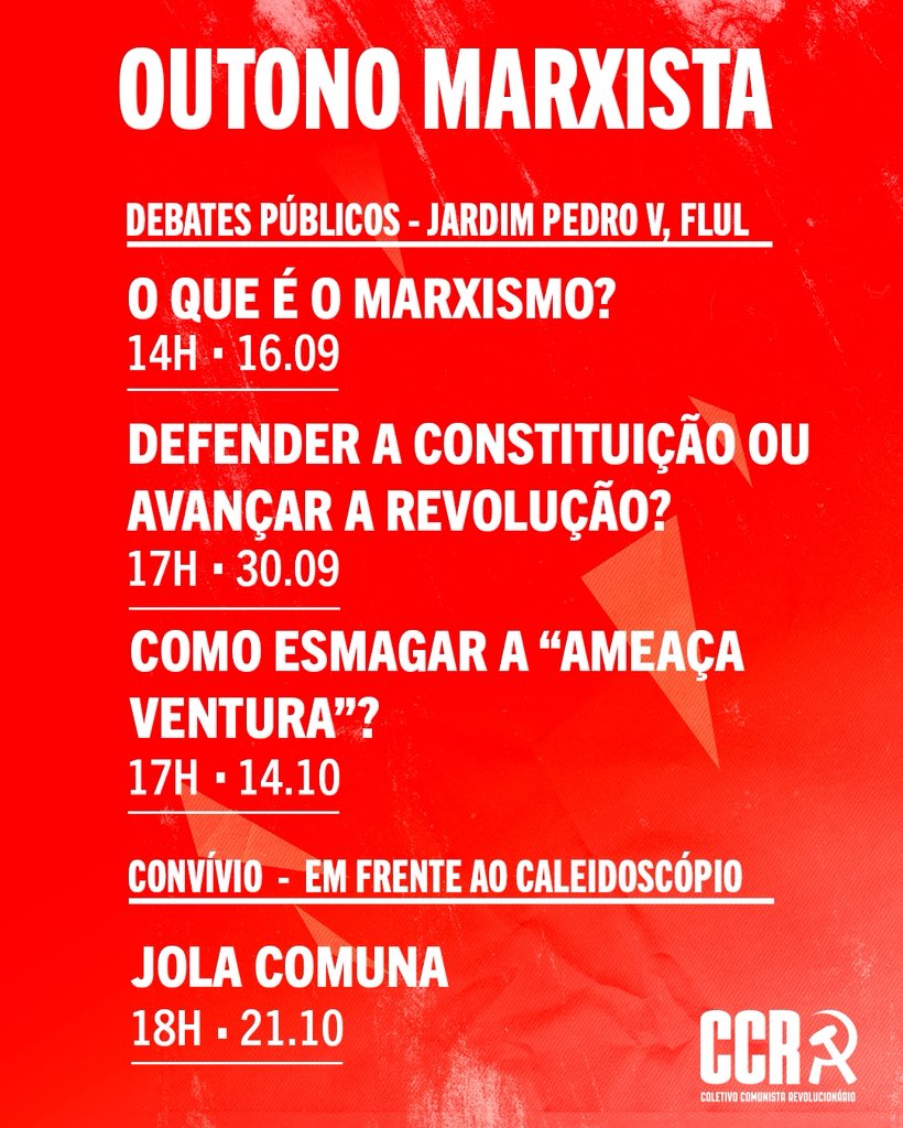 CCR_PT's tweet photo. Vamos esmagá-los com Revolução Comunista!
Este semestre encontra os comunistas revolucionários na Cidade Universitária em Lisboa!
#FLUL #FCSH #UniversidadeLisboa #Lisboa #marxismo https://t.co/5ZR6eV6Up9
