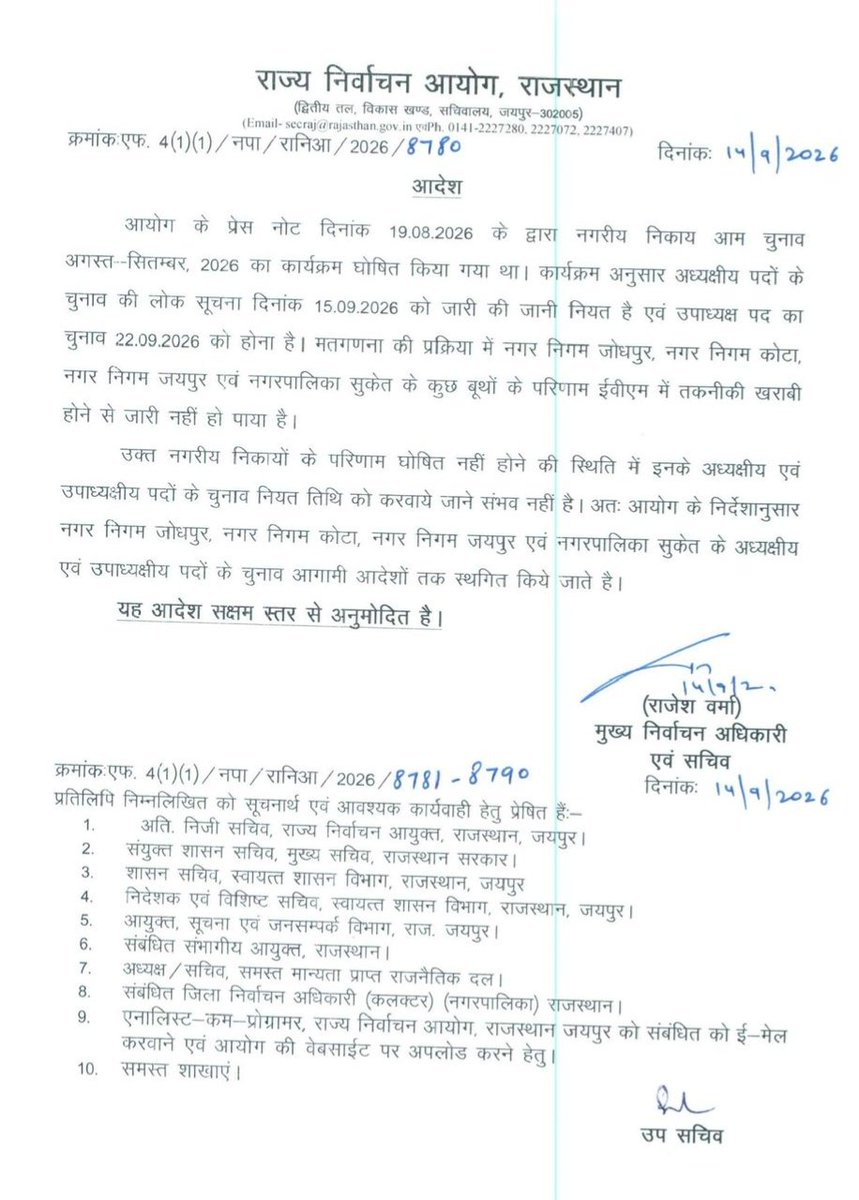 RepoterSaurabh's tweet photo. निकाय चुनाव पर बड़ा अपडेट
जोधपुर, कोटा, जयपुर और सुकेत में अध्यक्ष और उपाध्यक्ष के चुनाव स्थगित चुनाव आयोग ने किया ऐलान. चुनाव आयोग के मुताबिक इन स्थानों पर कुछ बूथों पर EVM में खराबी के चलते मतगणना प्रक्रिया पूरी नहीं हुई.
#Jaipur #JaipurNagarNigam #Rajasthan #RajasthanNews https://t.co/UlH7tsdYFN