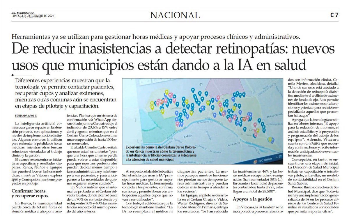 cn_castro's tweet photo. Orgulloso de que hoy @ElMercurio y @latercera destaquen dos apuestas de innovación que estamos impulsando en Renca: el uso de IA en Salud y nuestra Agencia Local de Inversiones.

Innovación que no se queda en el papel: se nota en la vida de nuestros vecinos y en las oportunidades que abrimos para la comuna.

Gracias @PabloAllard por tu columna.