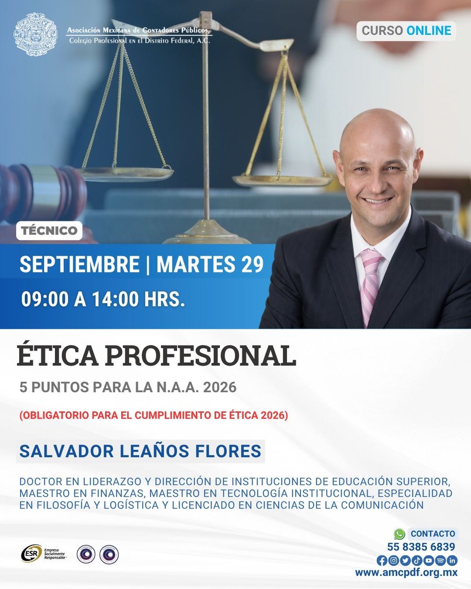 amcpdf's tweet photo. ⚖️Participa en el curso “Ética profesional”, impartido por el Dr. Salvador Leaños Flores, y cumple con la capacitación obligatoria en materia de ética para 2026.

🔗: https://t.co/tvKoyw30cX

#ÉticaProfesional #AMCP https://t.co/okJcHJl7ou
