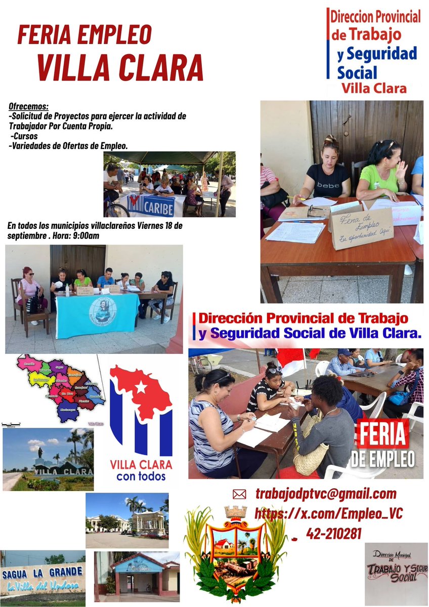 dpt_vc's tweet photo. #FeriaDeEmpleo #VillaClara viernes 18 de septiembre en todos los municipios villaclareños a las 9:00am con variedades de ofertas a su elección. #MtssCuba #EmpleoVillaClara #VillaClaraConTodos

@MTSS_CUBA @lixgiana @ArielFQ82 @portal_villa @InufioRivalta @elio_VillaClara https://t.co/P71fwFATQ4