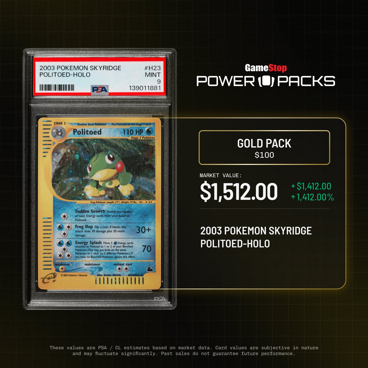 powerpacks's tweet photo. Just pulled.

A 2003 Skyridge Politoed from a Gold Pack. https://t.co/GUm2wWCiU3