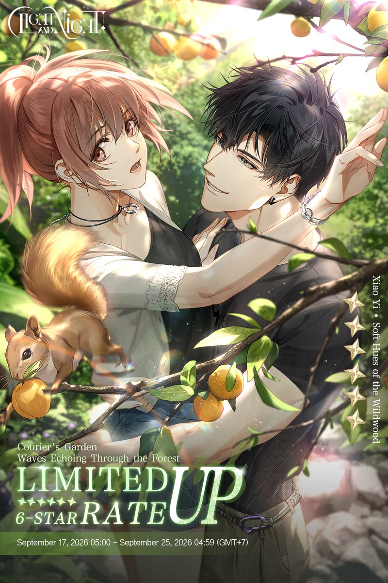 lightnnightsea's tweet photo. ✦ Song of the Forest Sea - Distant Mountain Stream ✦ Limited-Time Event

✨Song of the Forest Sea - Distant Mountain Stream
Event Period: September 17, 2026 05:00 - September 25, 2026 04:59 (GMT+7)
Event Overview: Go hiking in the wilderness with Xiao Yi and collect Amber Shards to redeem for Bond Cultivation Materials and other rewards.
Prepare the supplies and food listed on the item checklist based on the travel plan, then head out to start the wilderness hiking journey with him! 
Returning from an exploration with a Special Item will unlock the corresponding exclusive storyline [Forest Anecdotes] or travel journal [Verdant Journal], allowing you to relive the fun moments shared with him along the trip. Once unlocked, claim Ursa Minor rewards at [Travel Moments].

✨Limited-Time Mail Pool - Song of the Forest Sea
Event Period: September 17, 2026 05:00 - September 25, 2026 04:59 (GMT+7)
Event Details: During the event, the Limited-Time Mail Pool Waves Echoing Through the Forest will be available. [6-Star Bond] Xiao Yi - Soft Hues of the Wildwood will be added to the pool with a rate up for a limited time.  
※ After the event ends, this Bond will not be added to the permanent Mail Pool: Earthly Wanderings Together.  

✨Event Gift Pack - Limited-Time Sale
Purchase Time: September 17, 2026 05:00 - September 25, 2026 04:59 (GMT+7)
Gift Pack Detail: During the event, Designers can claim a free Daily Support Gift Pack from the Store. The Store will also offer a variety of value packs to choose from.  

✦ Official Light and Night SEA Webshop: https://t.co/RMYQ86nqPD
✦ Join our Discord: https://t.co/Y1ilSKomzw
✦ Join our Facebook Community:  https://t.co/6ETQxSDCca

 #LightandNight