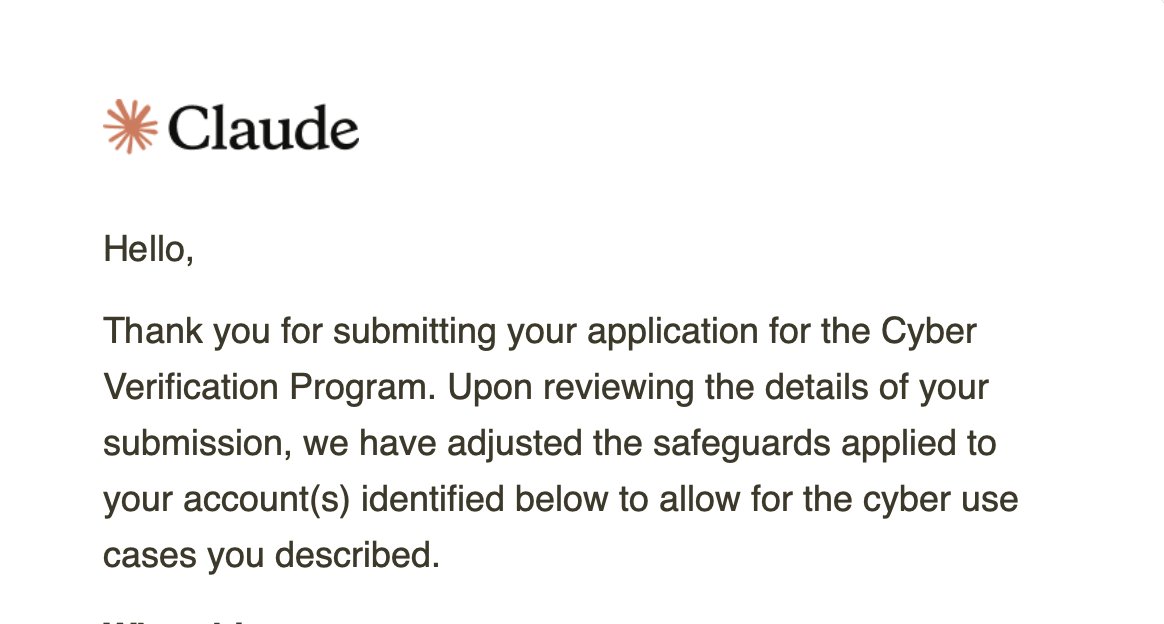 aei_ee's tweet photo. @AnthropicAI approved me for their cyber verification program yesterday, and fast. Many thanks, guys. No CVEs, just my own private projects, and they still said yes

if claude keeps blocking you when you look for vulnerabilities in your own stuff, it's worth applying https://t.co/epxGGAhSef