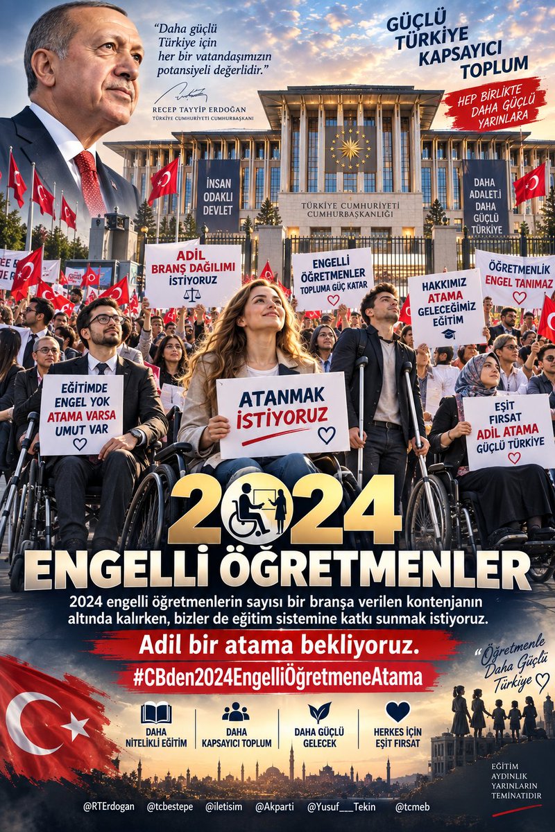 alkan387857's tweet photo. 2024 engelli öğretmenler olarak tek atamayla unutulmak istemiyoruz. Düzenli atama takvimi ve yüksek kontenjan istiyoruz. Bu, fırsat eşitliği talebimizdir.

@RTErdogan @tcbestepe @iletisim @Akparti @Yusuf__Tekin @tcmeb #CBden2024EngelliÖğretmeneAtama https://t.co/oySOkxN5Q1