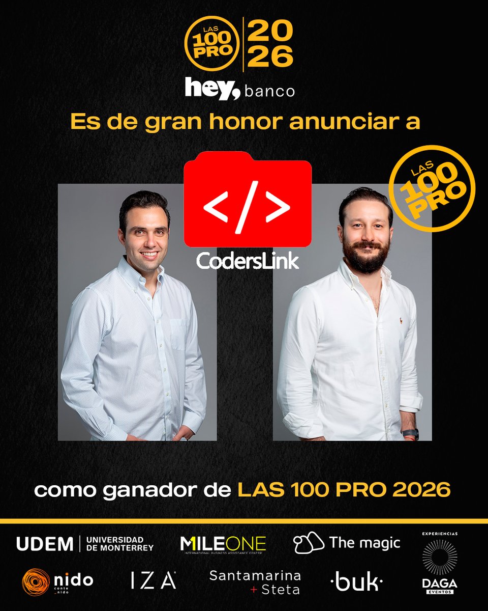 coderslink's tweet photo. CodersLink es una de LAS 100 PRO 2026.

Once años conectando al talento tech de Latinoamérica con el mundo.

#Las100PRO

Gracias a @pronetworkmx y a @heybanco. https://t.co/QK7kTyFxIl