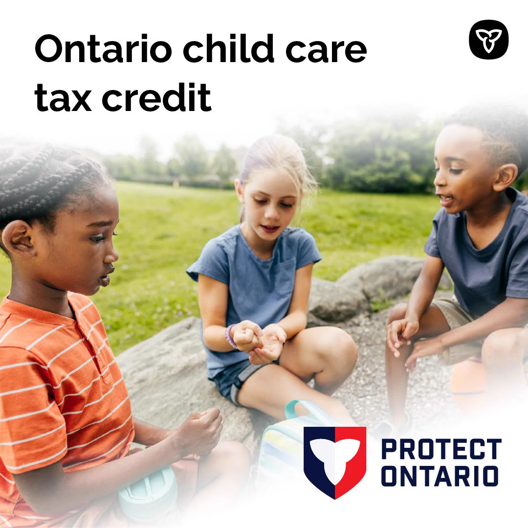 Text: Ontario child care tax credit

Photo of three children outdoors playing

