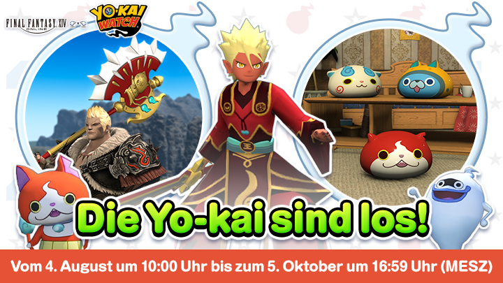 Ein Final Fantasy 14-Banner mit dem Text: Die Yo-kai sind los! Vom 4. August um 10:00 Uhr bis zum 5. Oktober um 16:59 Uhr. Darauf sind verschiedenen Kollabo-Belohnungen wie Waffen, Reittiere, Begleiter und Einrichtungsgegenstände zu sehen.