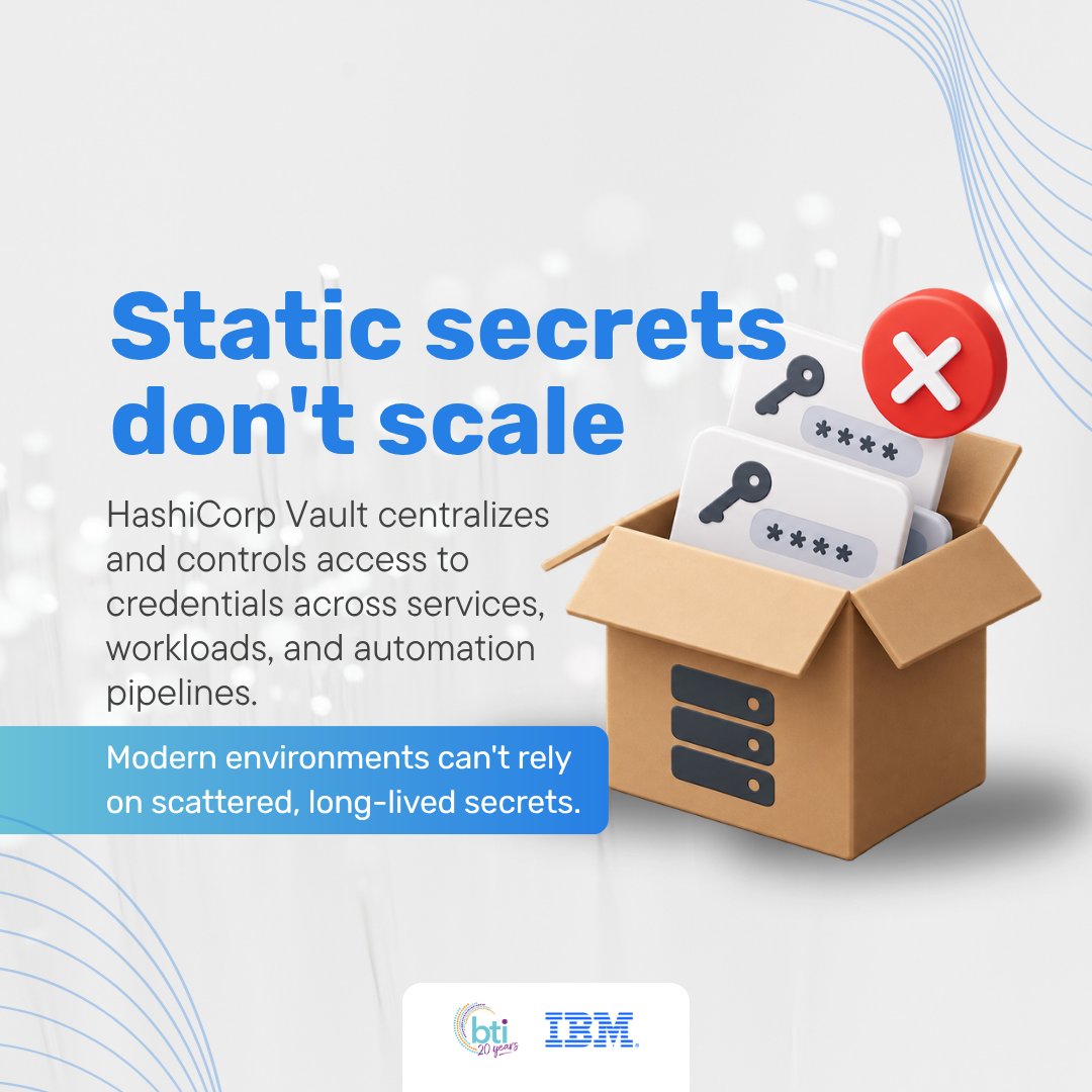BTIPR's tweet photo. Credentials are no longer managed in one location, they move across apps, automation pipelines, cloud services, and AI-driven environments
#HashiCorpVault centralizes access to secrets and reduces reliance on long-lived credentials, helping organizations strengthen security https://t.co/MoM5YLMn5Z