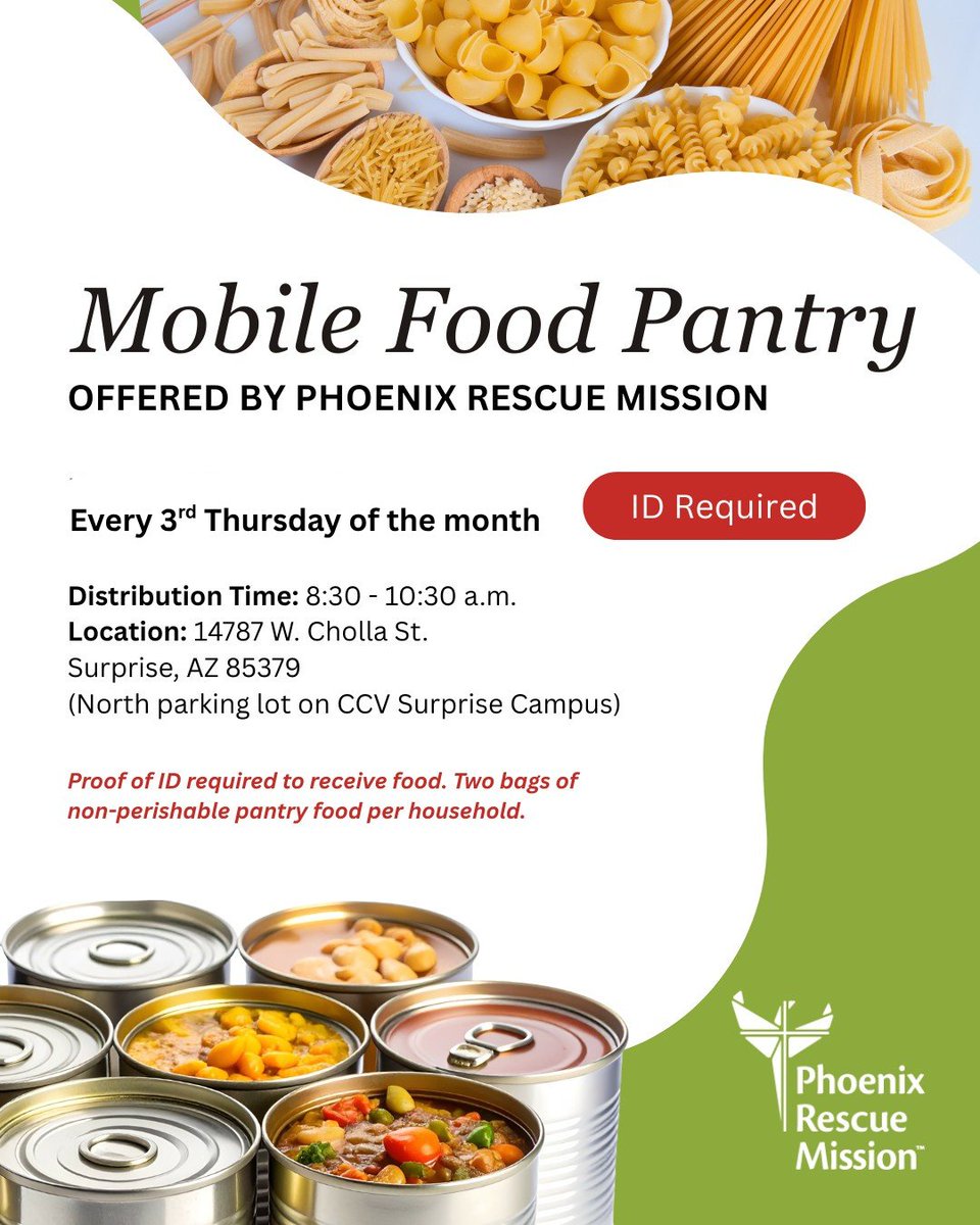 SurpriseCares's tweet photo. Phoenix Rescue Mission's Mobile Pantry food distribution at CCV Surprise. Stop by from 8:30 to 10:30 a.m. with an ID to receive two bags of non-perishable food per household.

#SurpriseCares #FoodAssistance https://t.co/ZERu5JewQb