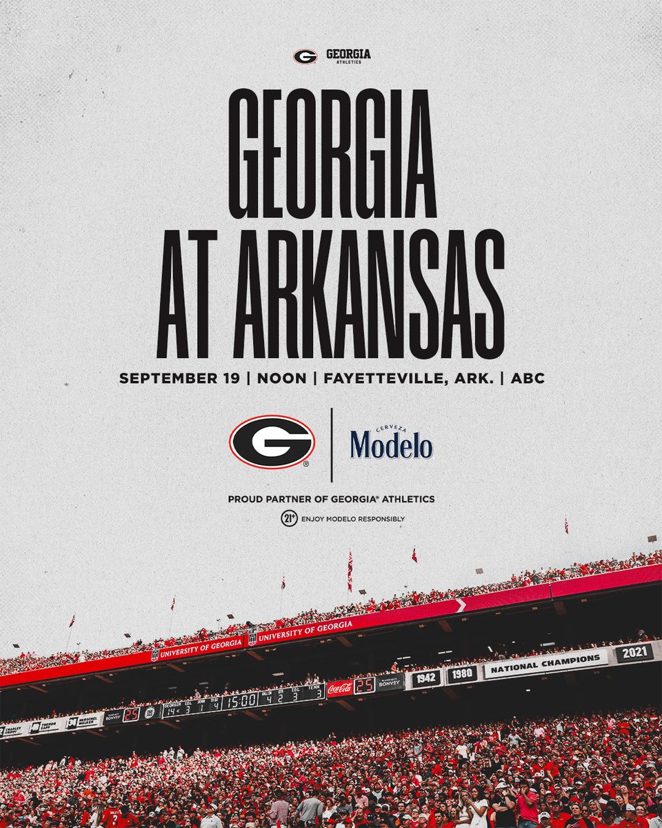 UGAAthletics's tweet photo. Road Trip.

🆚: Arkansas
📆: September 19
⏰: Noon
📍: Fayetteville, Ark.
🎧: https://t.co/pgdDKMEmo1
📺: ABC

#GoDawgs | @ModeloUSA https://t.co/s4c5mHL6BT