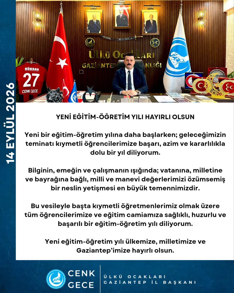 cenkgece's tweet photo. YENİ EĞİTİM-ÖĞRETİM YILI HAYIRLI OLSUN

Yeni bir eğitim-öğretim yılına daha başlarken; geleceğimizin teminatı kıymetli öğrencilerimize başarı, azim ve kararlılıkla dolu bir yıl diliyorum.

Bilginin, emeğin ve çalışmanın ışığında; vatanına, milletine ve bayrağına bağlı, milli ve manevi değerlerimizi özümsemiş bir neslin yetişmesi en büyük temennimizdir.

Bu vesileyle başta kıymetli öğretmenlerimiz olmak üzere tüm öğrencilerimize ve eğitim camiamıza sağlıklı, huzurlu ve başarılı bir eğitim-öğretim yılı diliyorum.

Yeni eğitim-öğretim yılı ülkemize, milletimize ve Gaziantep’imize hayırlı olsun.

Cenk GECE
Ülkü Ocakları Gaziantep İl Başkanı