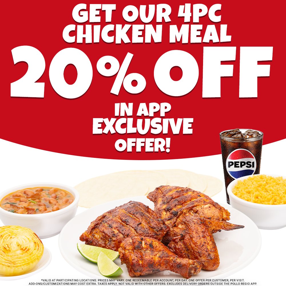 polloregio's tweet photo. Enjoy our 4-piece Chicken Meal 20% Off!
Regio flavor just the way you love it, available in app or in store 🍗
See terms and conditions. Restrictions apply.
Hurry, it ends today!
#PolloRegio #4Piece #DealOfTheDay #RegioFlavor #TodayOnly https://t.co/eXxUUSlrcD