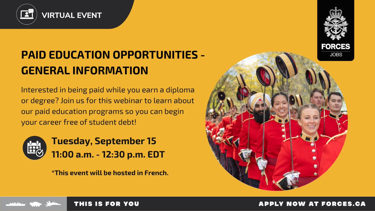 CanadianForces's tweet photo. Do you want to learn how the Canadian Armed Forces can help you get a diploma or degree? Join us for a virtual info session and learn how we can help you meet your goals with one of our paid education programs. Register now: https://t.co/HdvpCOj2Gu https://t.co/IxDaoUXePF