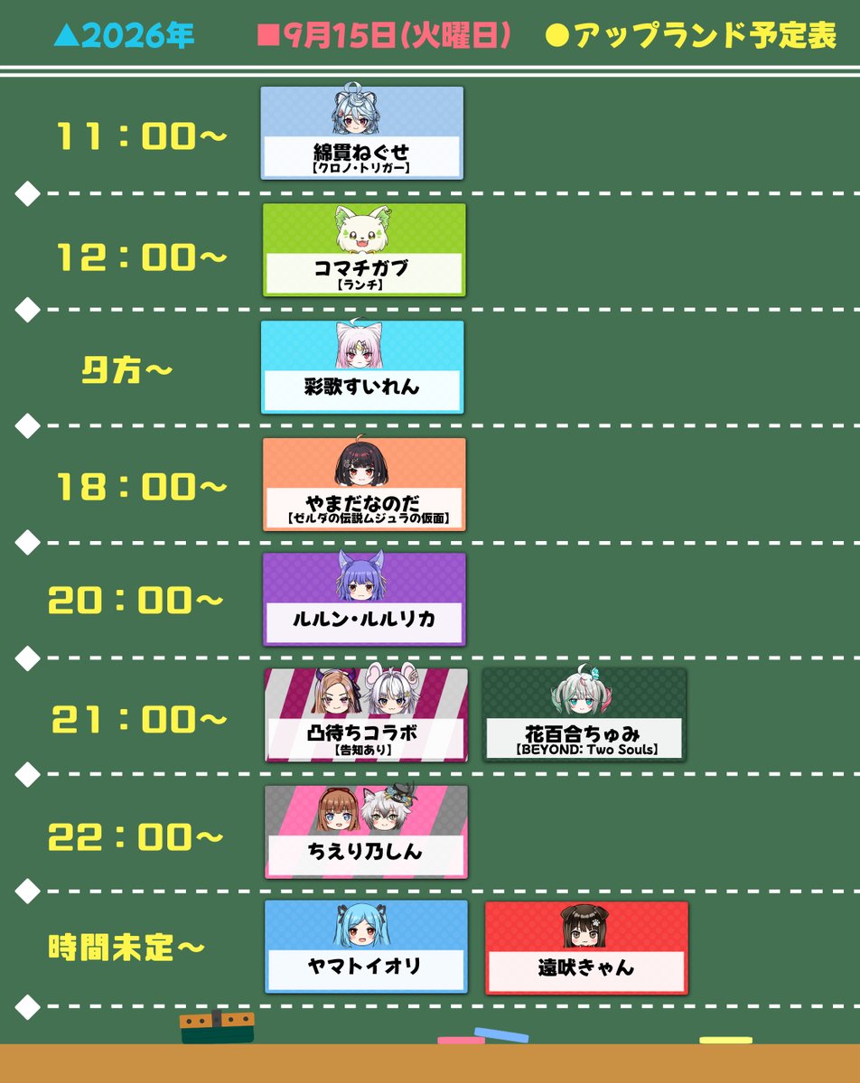 dorayoteihyou's tweet photo. 9/15(火)#アップランド予定表

11:00~:ねぐせらいぶ🍵
12:00~:がぶるーむ🍔
夕方~:すいライブ🪷
18:00~:やまだ生配信なのだが🐇
20:00~:ルルンルーム🍖🐾
21:00~:コラボ🍇🍕
21:00~:ちゅみちゅーぶ💐
22:00~:ちえり乃しん🍒
夜~:ヤマトイオリ🍄
時間未定:きゃん生✂️ https://t.co/QkKGtgwIhk