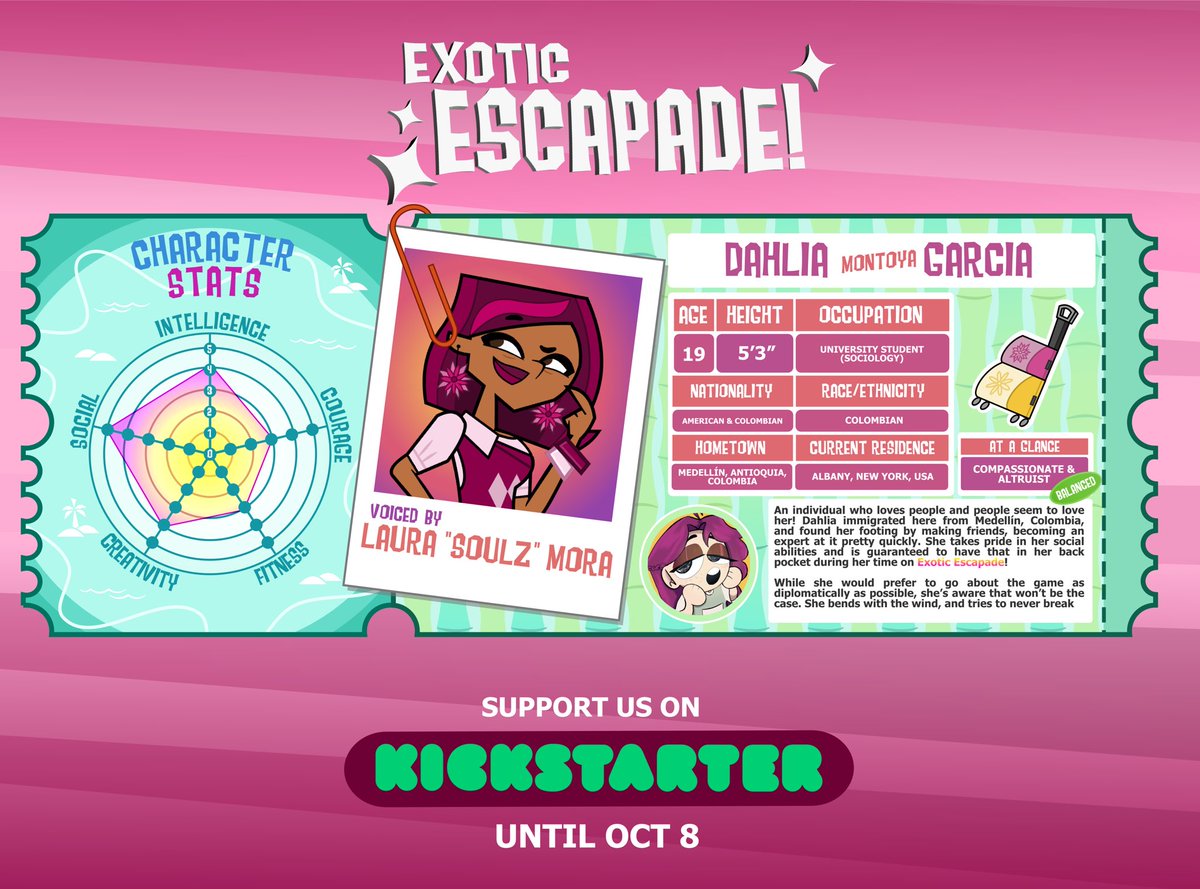 ExoticEscapade's tweet photo. RE-INTRODUCING the people’s princess! Dahlia Garcia!🌺

A social butterfly, she's here to win the hearts of all her fans and fellow competitors! If all else fails… win EXOTIC ESCAPADE!✨

🔗 Support the EE Kickstarter TODAY! 🌴🌟💫 https://t.co/aHM466pJ8s

#eetwt #ExoticEscapade https://t.co/In2J7pZidj