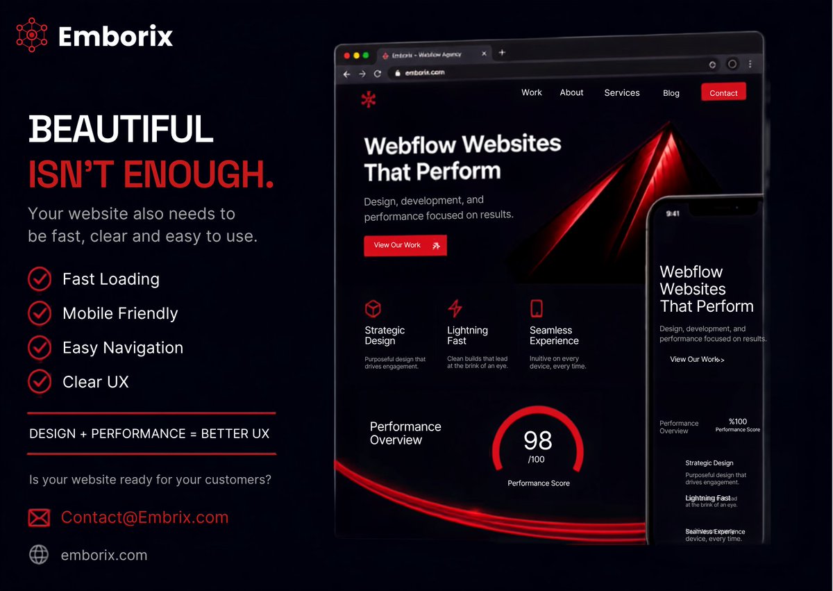 emborix_'s tweet photo. Beautiful isn't enough. 💻

Your website should be:
✓ Fast
✓ Mobile-friendly
✓ Easy to navigate
✓ Clear
Design + Performance = Better UX.
📩 Contact@Emborix.com
🌐 https://t.co/Gqc8HpsT9f
#Webflow #WebDesign #Emborix https://t.co/EOsC4ofraQ